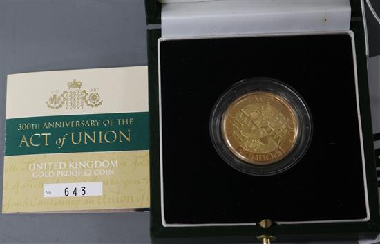A Royal Mint 300th anniversary of the Act of Union gold two pound coin 2007,